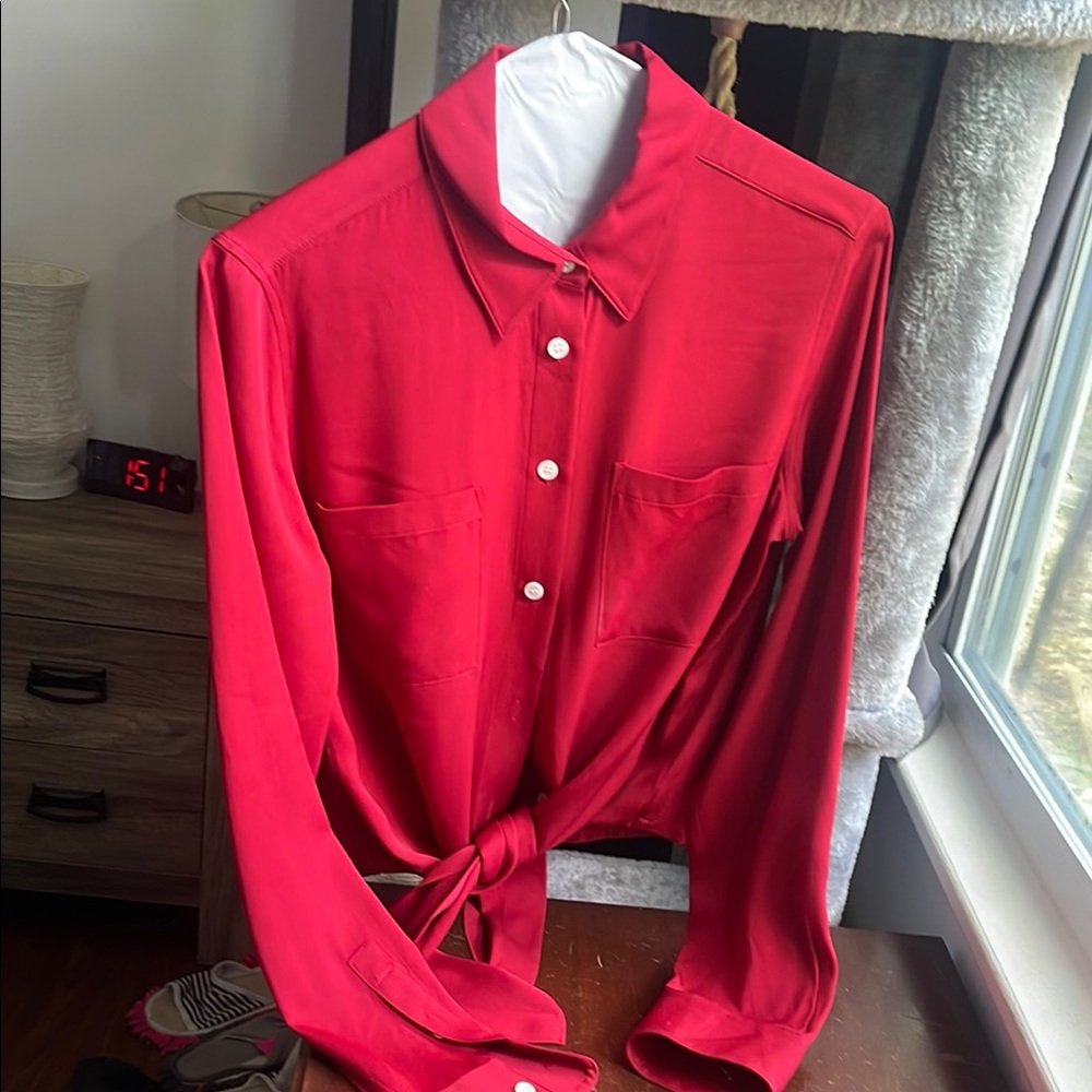 Theory Red Blouse Classic Button-Down 95% silk.